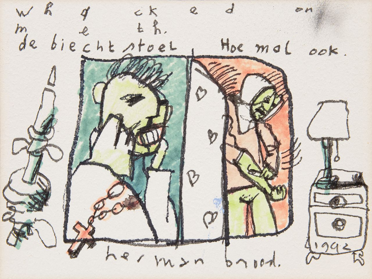 Brood H.  | Herman Brood | Aquarellen en tekeningen te koop aangeboden | De biechtstoel, viltstift op papier 29,0 x 38,8 cm, gesigneerd middenonder en gedateerd 1992