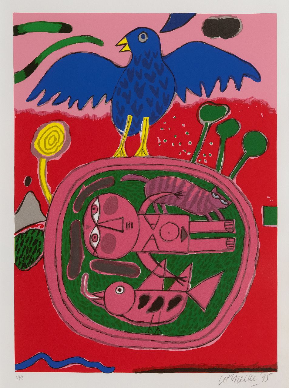 Corneille ('Corneille' Guillaume Beverloo)   | Corneille ('Corneille' Guillaume Beverloo) | Grafiek te koop aangeboden | Vrouw, kat en vogels, litho op papier 45,0 x 33,0 cm, gesigneerd rechtsonder (in potlood) en gedateerd '95 (in potlood)