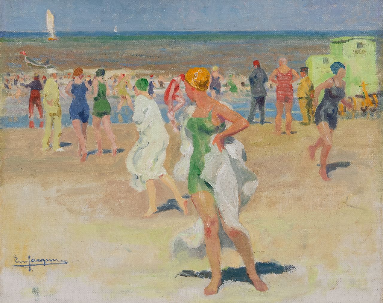 Jacques E. | Emile Jacques, Strandgezicht met badgasten, olieverf op doek 34,1 x 41,3 cm, gesigneerd linksonder Jacques E. | Emile Jacques, Strandgezicht met badgasten, olieverf op doek 34,1 x 41,3 cm, gesigneerd linksonder
