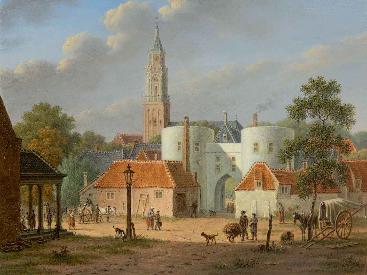 Goeje P. de | Pieter de Goeje | Schilderijen te koop aangeboden | De Sabelspoort in Arnhem gezien vanaf de Rijn, met links de vismarkt, olieverf op paneel 23,4 x 31,2 cm, gesigneerd rechtsonder en te dateren ca. 1848