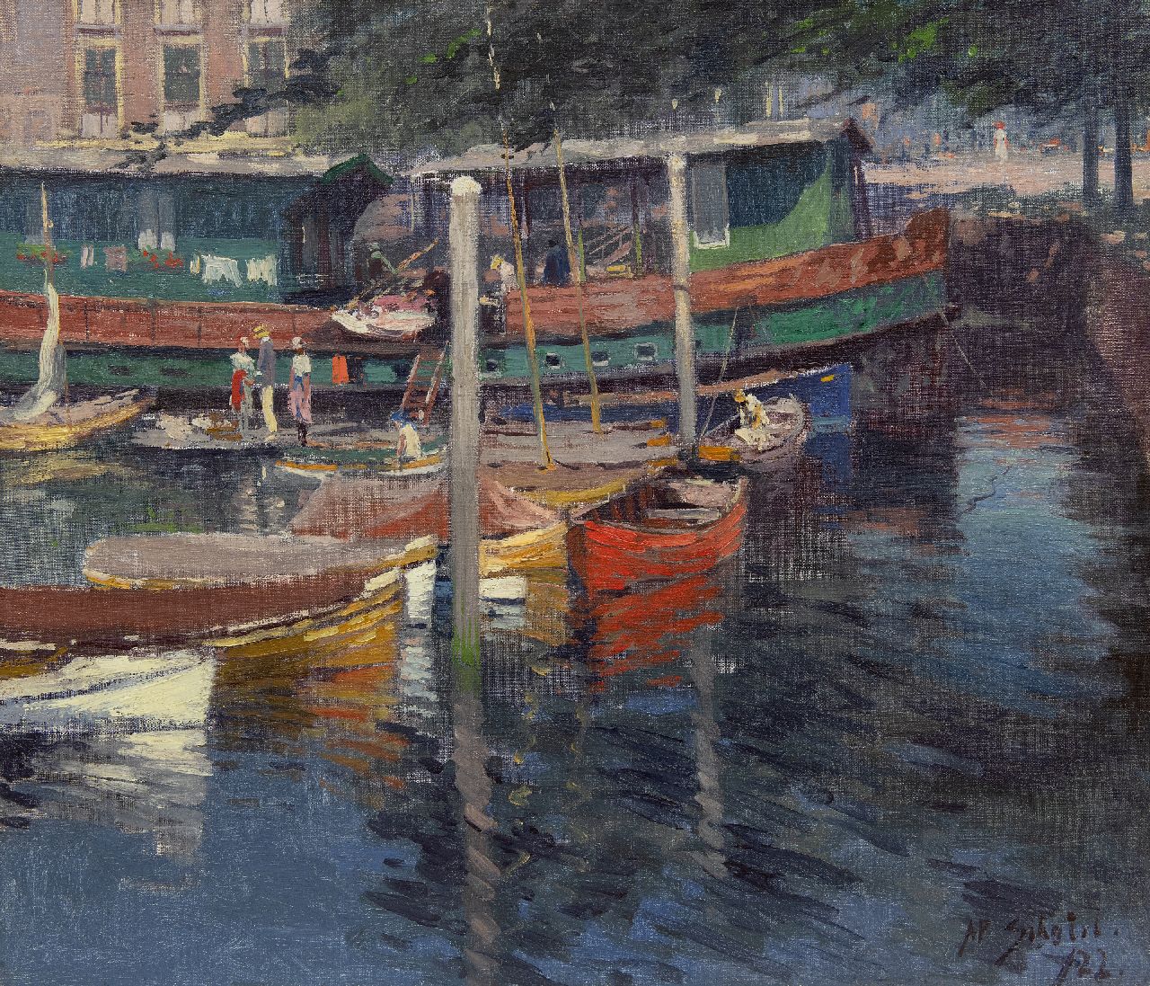 Schotel A.P. | Anthonie Pieter Schotel | Schilderijen te koop aangeboden | Zonnig haventje, Dordrecht, olieverf op doek 59,5 x 69,5 cm, gesigneerd rechtsonder en gedateerd '22 Schotel A.P. | Anthonie Pieter Schotel | Schilderijen te koop aangeboden | Zonnig haventje, Dordrecht, olieverf op doek 59,5 x 69,5 cm, gesigneerd rechtsonder en gedateerd '22
