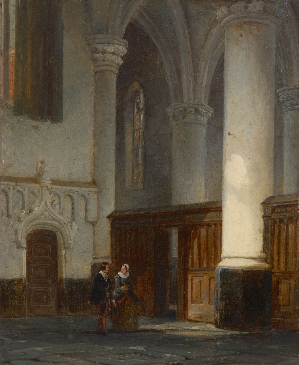 Springer C. | Cornelis Springer | Schilderijen te koop aangeboden | Man en vrouw in een kerkinterieur, olieverf op doek 32,9 x 27,3 cm, gesigneerd linksonder met monogram en gedateerd '44 Springer C. | Cornelis Springer | Schilderijen te koop aangeboden | Man en vrouw in een kerkinterieur, olieverf op doek 32,9 x 27,3 cm, gesigneerd linksonder met monogram en gedateerd '44