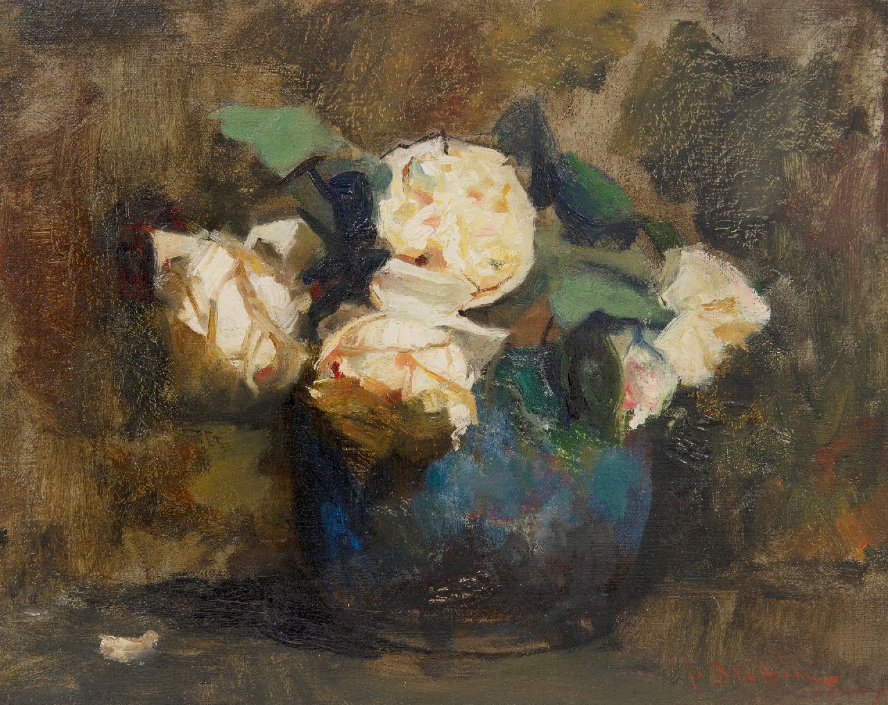 Arntzenius P.F.N.J.  | Pieter Florentius Nicolaas Jacobus 'Floris' Arntzenius, Witte rozen in een gemberpot, olieverf op doek op paneel 30,8 x 38,0 cm, gesigneerd rechtsonder