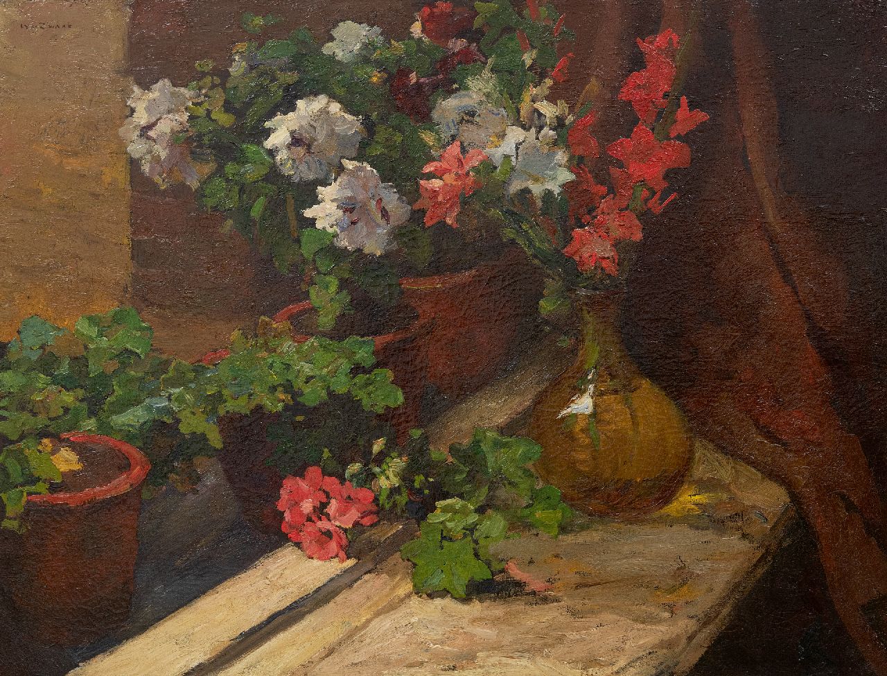 Zwart W.H.P.J. de | Wilhelmus Hendrikus Petrus Johannes 'Willem' de Zwart | Schilderijen te koop aangeboden | Stilleven met gladiolen, geraniums en potrozen, olieverf op doek 61,3 x 79,5 cm, gesigneerd linksboven en zonder lijst