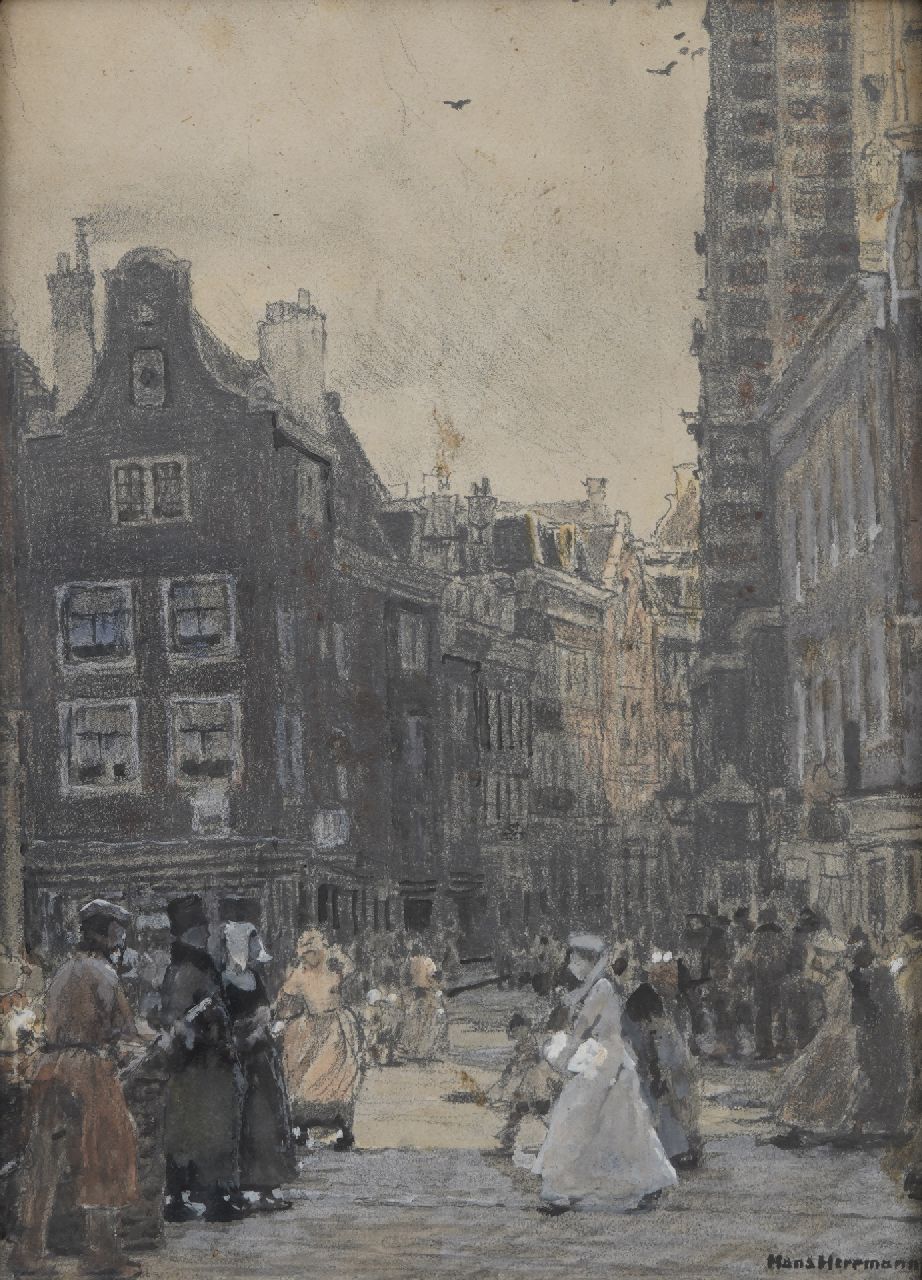 Herrmann J.E.R.  | Johann Emil Rudolf 'Hans' Herrmann | Aquarellen en tekeningen te koop aangeboden | Stadsgezicht in Amsterdam, krijt en aquarel op papier op board 34,1 x 24,5 cm, gesigneerd rechtsonder