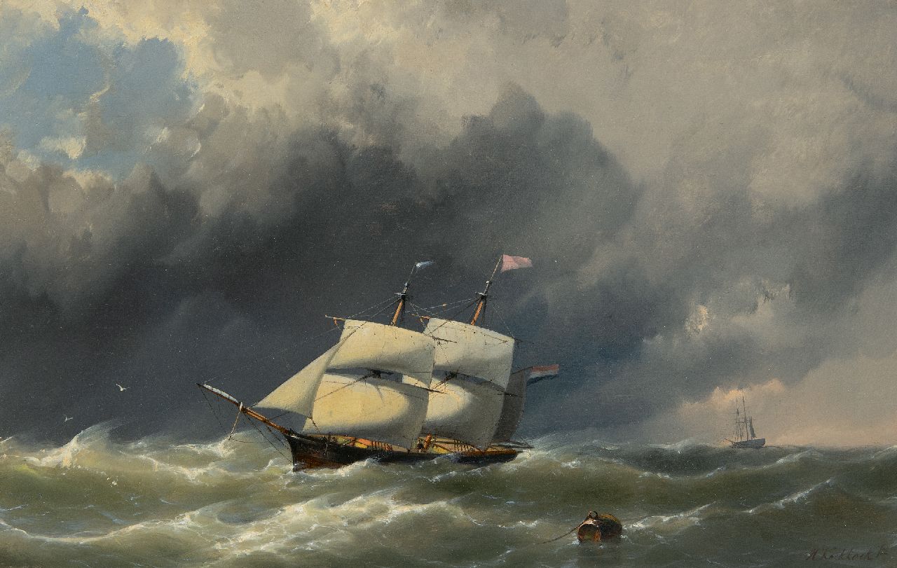 Hermanus Koekkoek jr. | Brik voor de kust bij zwaar weer, olieverf op paneel, 28,1 x 44,1 cm, gesigneerd r.o.