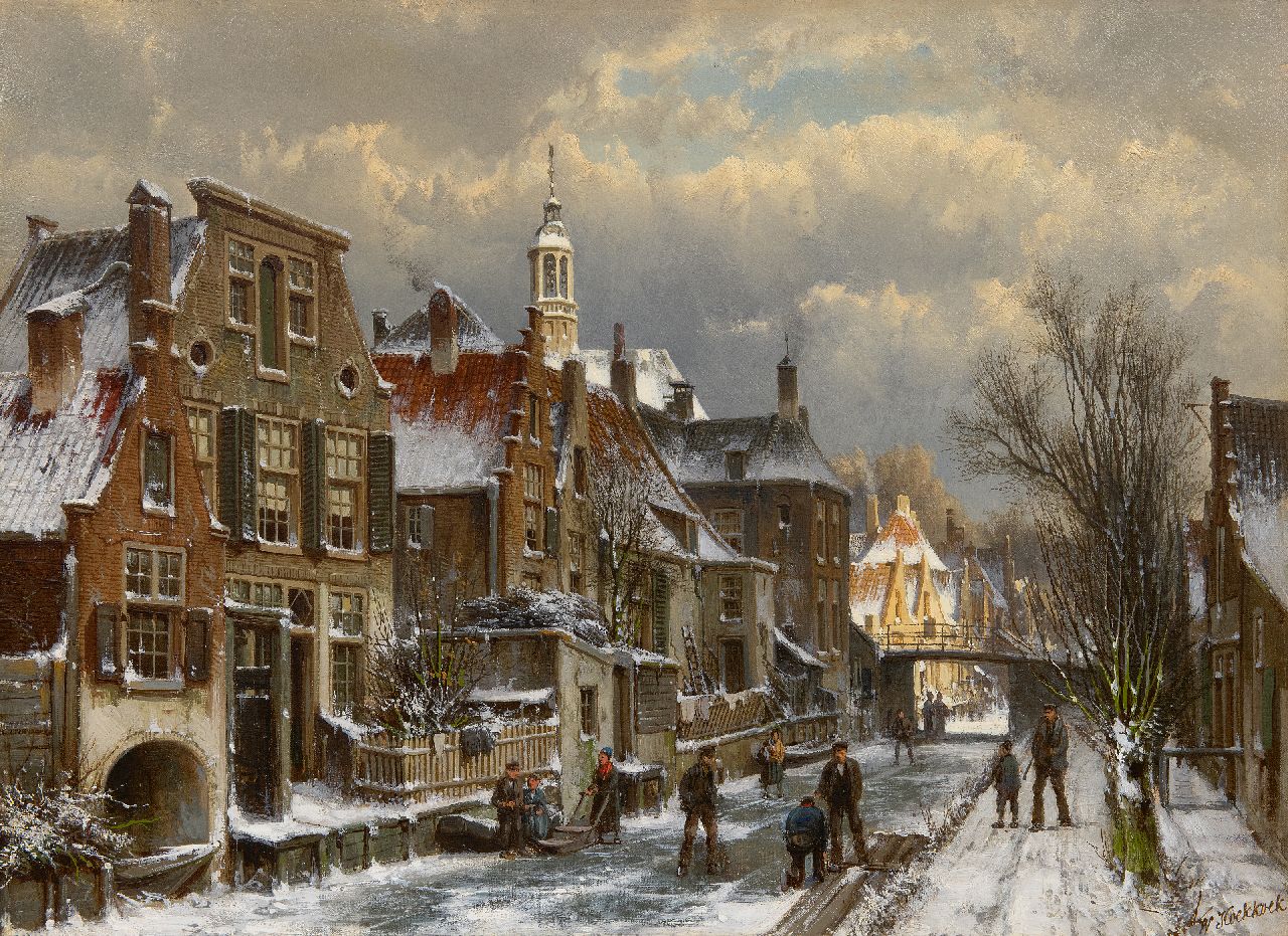 Koekkoek W. | Willem Koekkoek, Winters stadsgezicht met schaatsers, olieverf op doek 44,5 x 60,5 cm, gesigneerd rechtsonder Koekkoek W. | Willem Koekkoek, Winters stadsgezicht met schaatsers, olieverf op doek 44,5 x 60,5 cm, gesigneerd rechtsonder