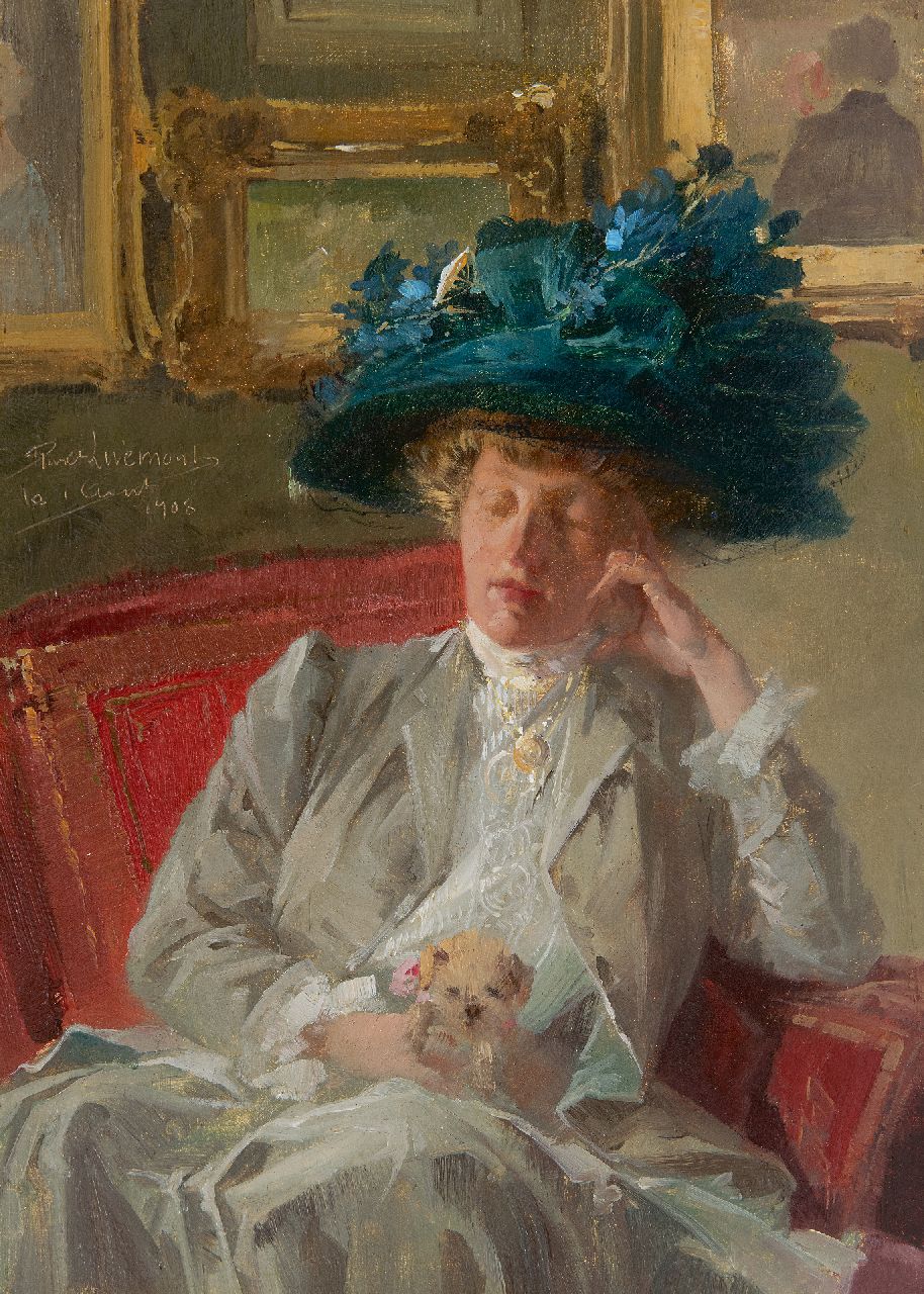 Livemont H.P.A.T. | Henri 'Privat' Antoine Théodore Livemont, Op de tentoonstelling: vrouw met blauwe hoed en schoothondje, olieverf op board 33,1 x 24,0 cm, gesigneerd links van het midden en gedateerd 'le 1 Aout' 1908 Livemont H.P.A.T. | Henri 'Privat' Antoine Théodore Livemont, Op de tentoonstelling: vrouw met blauwe hoed en schoothondje, olieverf op board 33,1 x 24,0 cm, gesigneerd links van het midden en gedateerd 'le 1 Aout' 1908