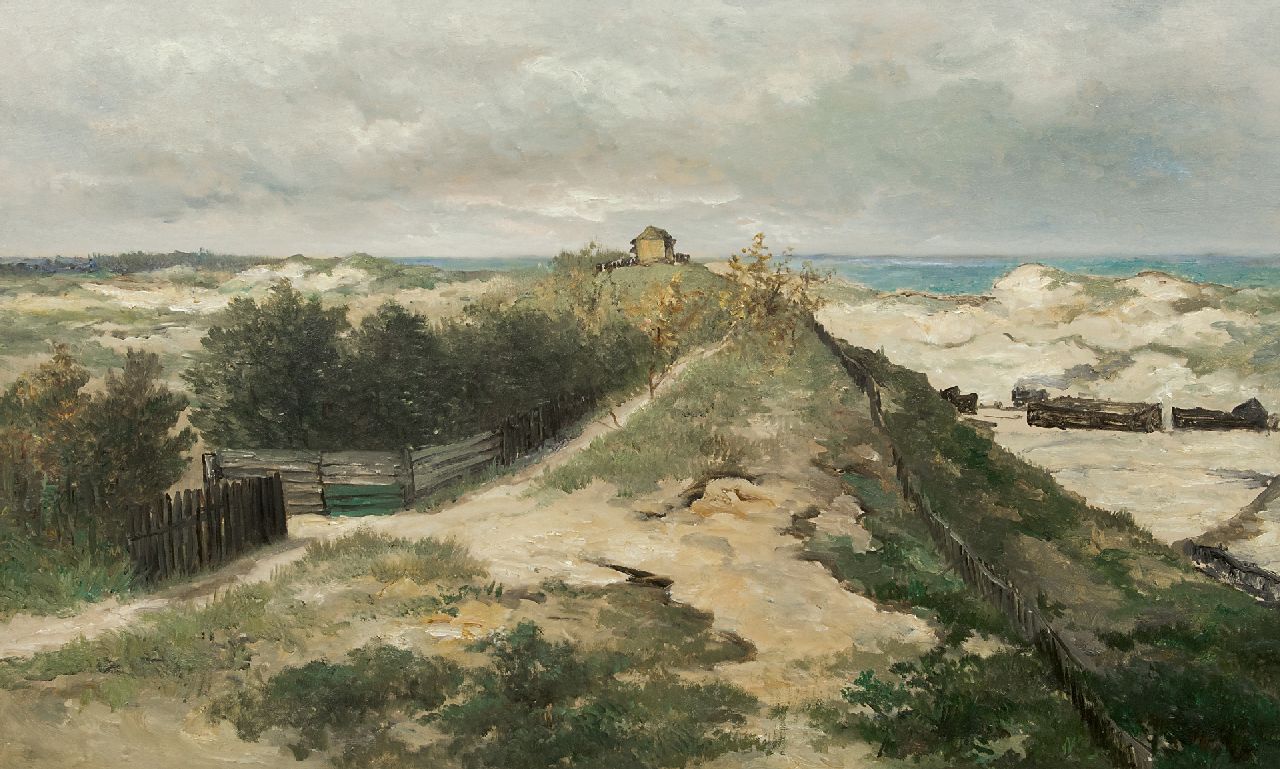 Mesdag H.W.  | Hendrik Willem Mesdag, Het atelier van Sientje Mesdag-van Houten in de Haagse duinen, olieverf op paneel 70,1 x 115,2 cm, gesigneerd Met geautoriseerde atelierstempel en te dateren 1885-1895
