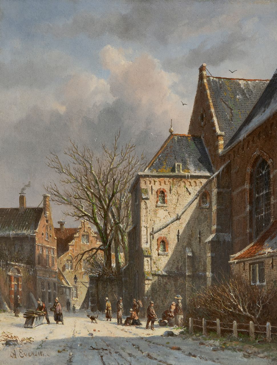 Eversen A.  | Adrianus Eversen | Schilderijen te koop aangeboden | Besneeuwd gezicht achter de Westerkerk in Enkhuizen  (verkoop alleen samen met zomers pendant, tezamen), olieverf op paneel 35,7 x 27,6 cm, gesigneerd linksonder