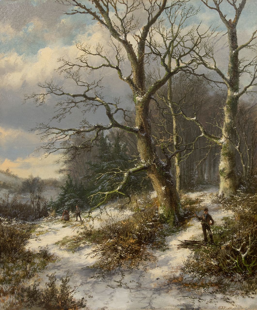 Koekkoek B.H. | Barend Hendrik 'H.B.' Koekkoek, Houtsprokkelaars in een besneeuwd bos, olieverf op doek 76,6 x 63,8 cm, gesigneerd rechtsonder Koekkoek B.H. | Barend Hendrik 'H.B.' Koekkoek, Houtsprokkelaars in een besneeuwd bos, olieverf op doek 76,6 x 63,8 cm, gesigneerd rechtsonder