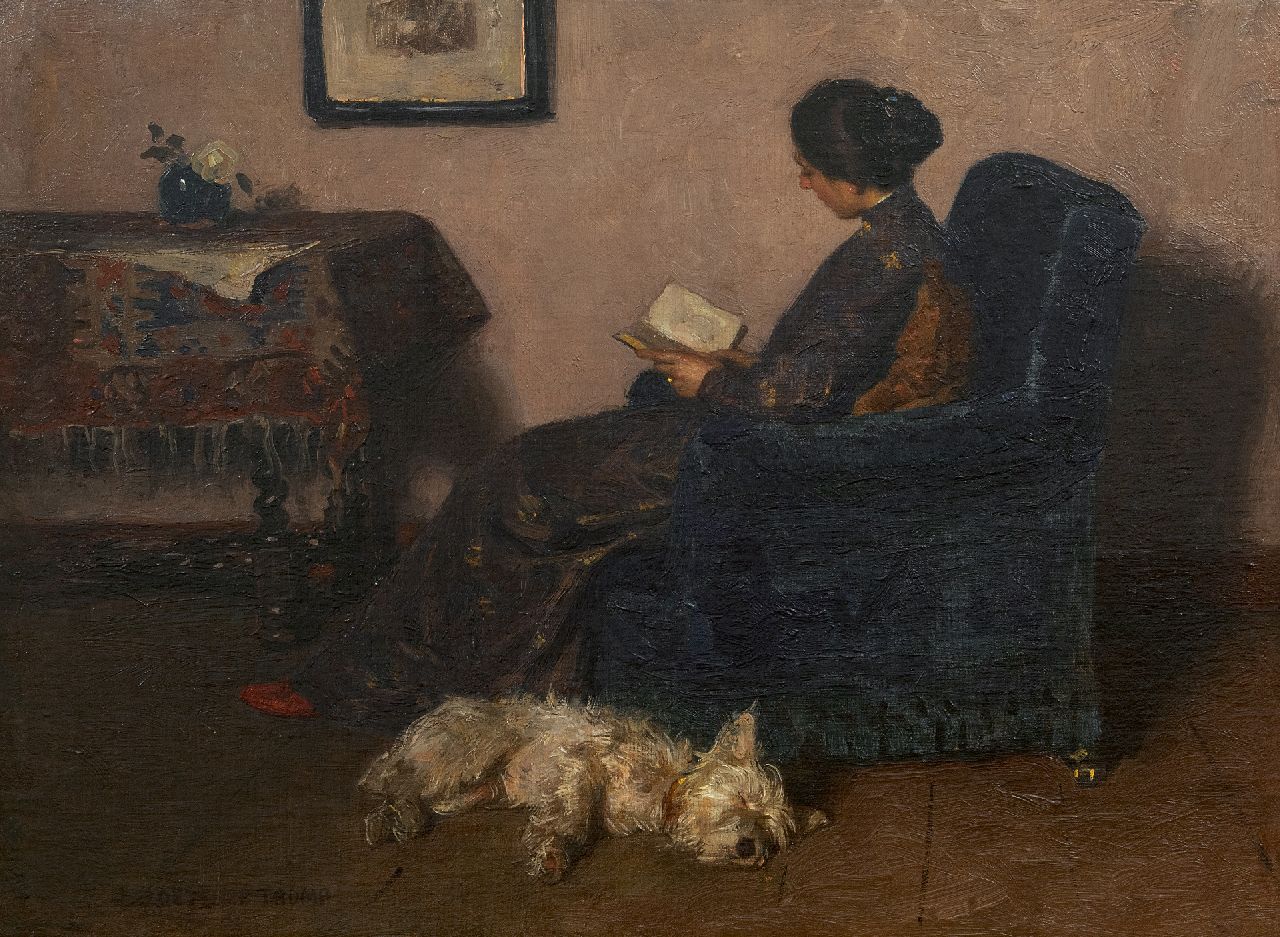 Zoetelief Tromp J. | Johannes 'Jan' Zoetelief Tromp, De vrouw van de schilder, lezend, met hun hond Billie, olieverf op doek 41,5 x 55,5 cm, gesigneerd linksonder Zoetelief Tromp J. | Johannes 'Jan' Zoetelief Tromp, De vrouw van de schilder, lezend, met hun hond Billie, olieverf op doek 41,5 x 55,5 cm, gesigneerd linksonder