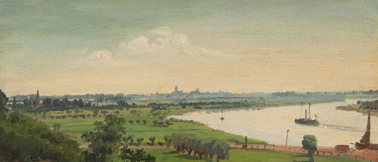 Oppenoorth W.J. | 'Willem' Johannes Oppenoorth, Zomers rivierlandschap met Deventer in de verte, olieverf op doek op paneel 21,2 x 46,1 cm, gesigneerd linksonder Oppenoorth W.J. | 'Willem' Johannes Oppenoorth, Zomers rivierlandschap met Deventer in de verte, olieverf op doek op paneel 21,2 x 46,1 cm, gesigneerd linksonder
