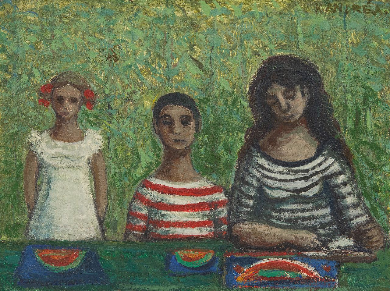 Andréa C. | Cornelis 'Kees' Andréa | Schilderijen te koop aangeboden | Drie figuren, olieverf op board 17,9 x 23,9 cm, gesigneerd rechtsboven Andréa C. | Cornelis 'Kees' Andréa | Schilderijen te koop aangeboden | Drie figuren, olieverf op board 17,9 x 23,9 cm, gesigneerd rechtsboven