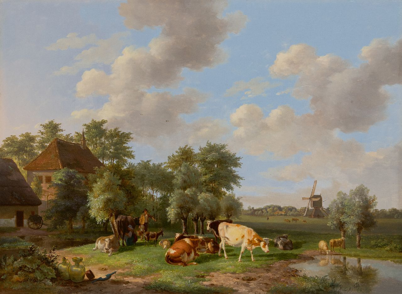 Lebret F. | Frans Lebret | Schilderijen te koop aangeboden | Melktijd op de boerderij, olieverf op paneel 52,3 x 70,8 cm, gesigneerd rechtsonder met initialen Lebret F. | Frans Lebret | Schilderijen te koop aangeboden | Melktijd op de boerderij, olieverf op paneel 52,3 x 70,8 cm, gesigneerd rechtsonder met initialen
