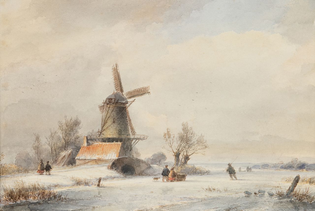 Kleijn L.J. | Lodewijk Johannes Kleijn, Sneeuwlandschap met schaatser en duwslede op het ijs, aquarel op papier 17,6 x 26,4 cm, gesigneerd verso Kleijn L.J. | Lodewijk Johannes Kleijn, Sneeuwlandschap met schaatser en duwslede op het ijs, aquarel op papier 17,6 x 26,4 cm, gesigneerd verso