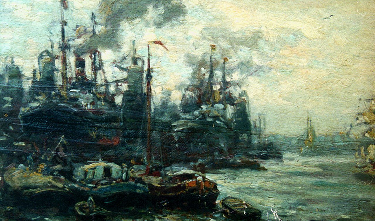 Moll E. | Evert Moll, Haven van Rotterdam, olieverf op paneel 25,0 x 38,0 cm, gesigneerd rechtsonder Moll E. | Evert Moll, Haven van Rotterdam, olieverf op paneel 25,0 x 38,0 cm, gesigneerd rechtsonder