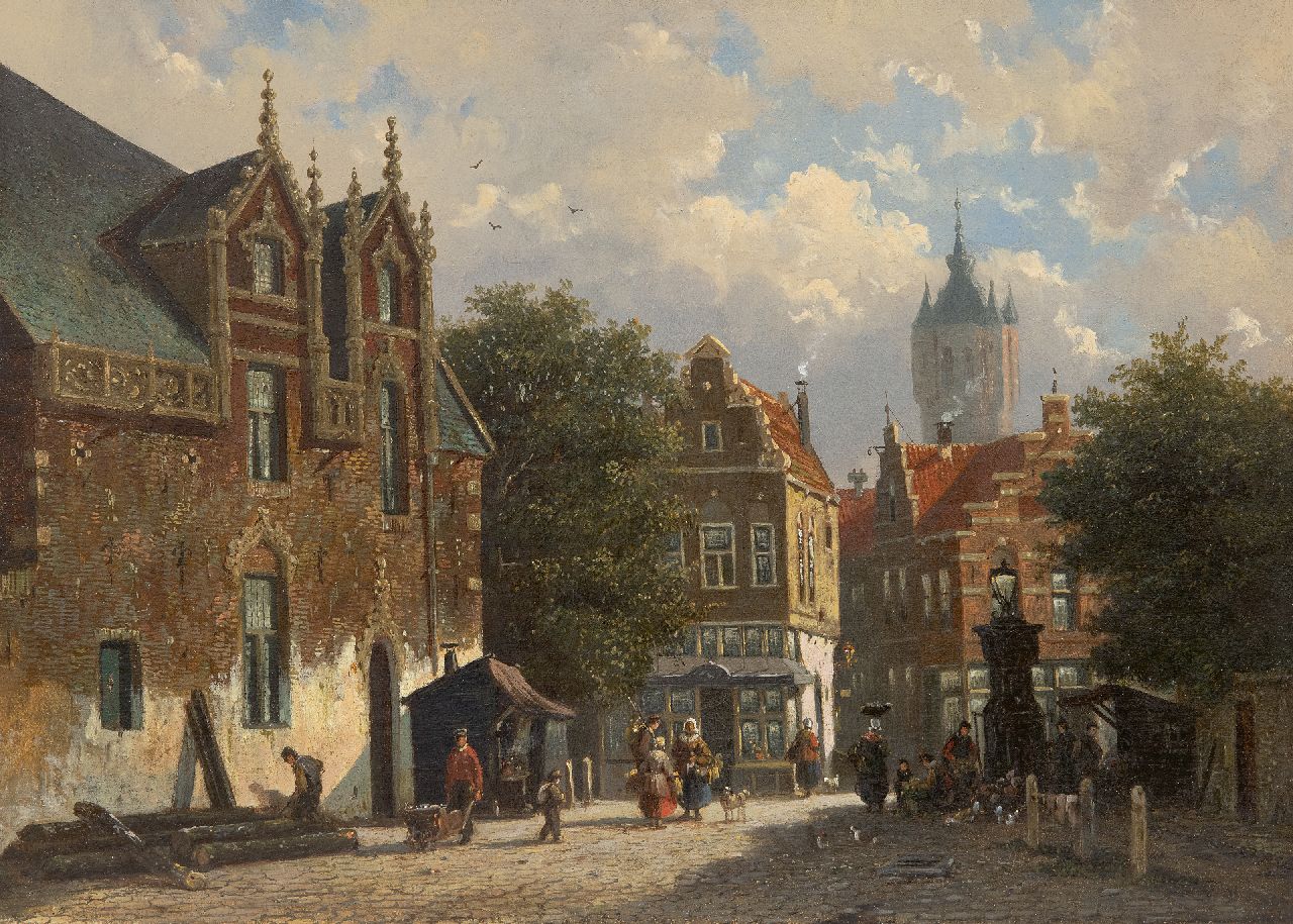 Roosdorp F.  | Frederik Roosdorp | Schilderijen te koop aangeboden | Zonnig stadsgezicht met de Oude Kerk van Delft, olieverf op doek 29,2 x 40,0 cm, gesigneerd verso met initialen