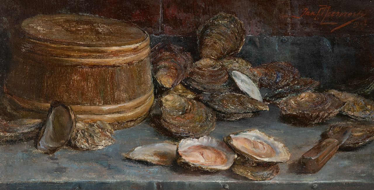 Neervoort J.C. | Johannes Cornelius 'Jan' Neervoort, Stilleven met oesters, olieverf op doek 28,3 x 53,8 cm, gesigneerd rechtsboven en gedateerd 1907 Neervoort J.C. | Johannes Cornelius 'Jan' Neervoort, Stilleven met oesters, olieverf op doek 28,3 x 53,8 cm, gesigneerd rechtsboven en gedateerd 1907