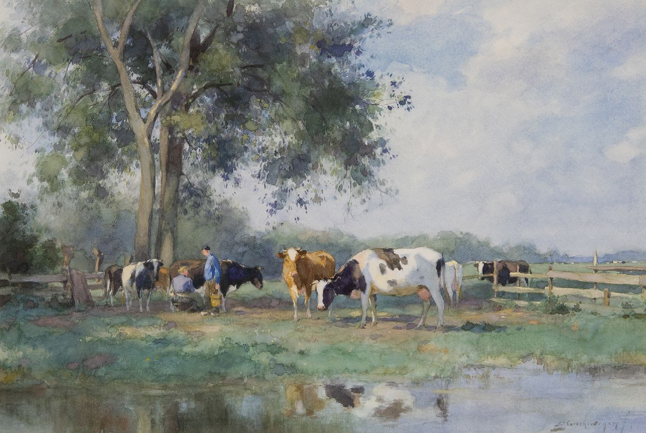 Groenewegen A.J. | Adrianus Johannes Groenewegen, In de melkbocht, aquarel op papier 34,1 x 51,2 cm, gesigneerd rechtsonder Groenewegen A.J. | Adrianus Johannes Groenewegen, In de melkbocht, aquarel op papier 34,1 x 51,2 cm, gesigneerd rechtsonder