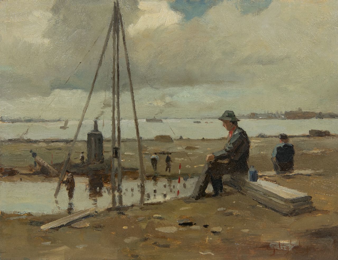 Ligtelijn E.J. | Evert Jan Ligtelijn | Schilderijen te koop aangeboden | Schafttijd bij de bouwput, olieverf op paneel 35,4 x 45,8 cm, gesigneerd rechtsonder Ligtelijn E.J. | Evert Jan Ligtelijn | Schilderijen te koop aangeboden | Schafttijd bij de bouwput, olieverf op paneel 35,4 x 45,8 cm, gesigneerd rechtsonder