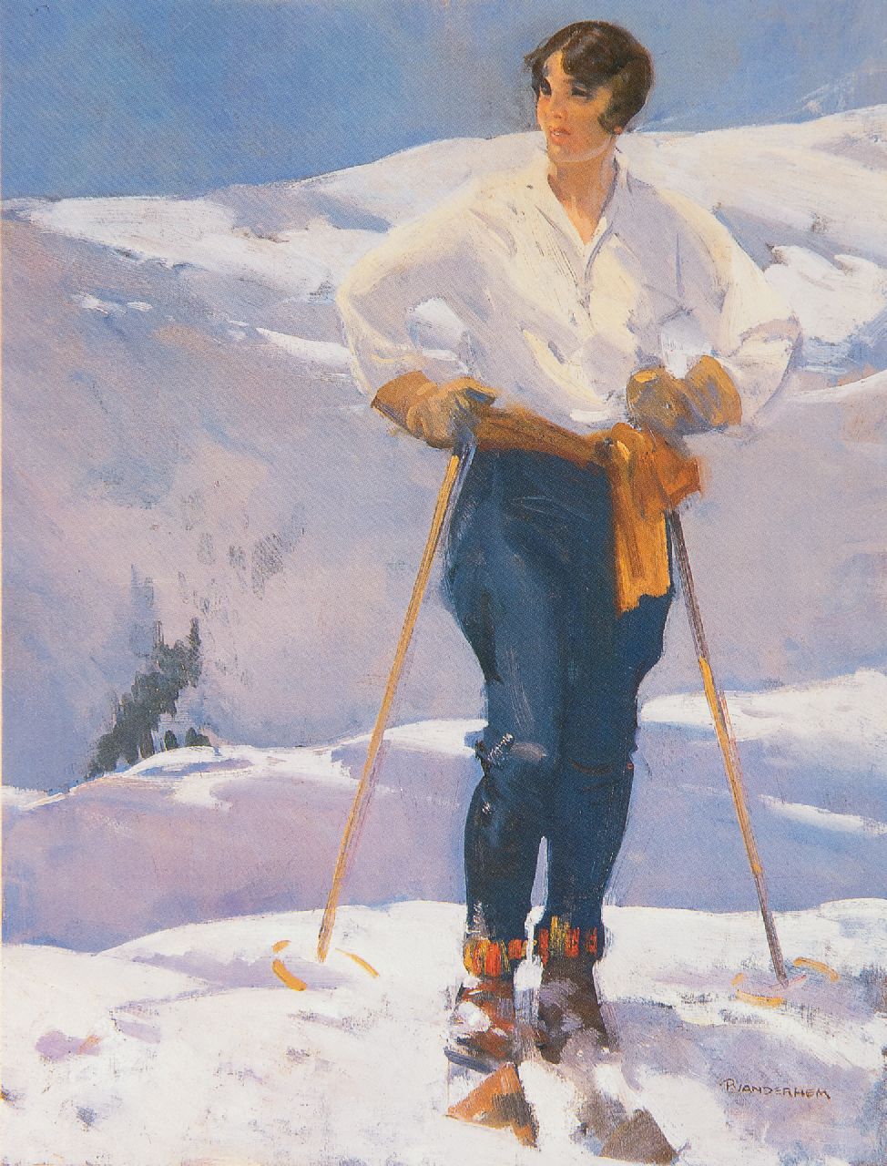 Hem P. van der | Pieter 'Piet' van der Hem, Jonge vrouw op ski's, olieverf op doek 64,5 x 50,0 cm, gesigneerd rechtsonder en te dateren jaren 20 Hem P. van der | Pieter 'Piet' van der Hem, Jonge vrouw op ski's, olieverf op doek 64,5 x 50,0 cm, gesigneerd rechtsonder en te dateren jaren 20