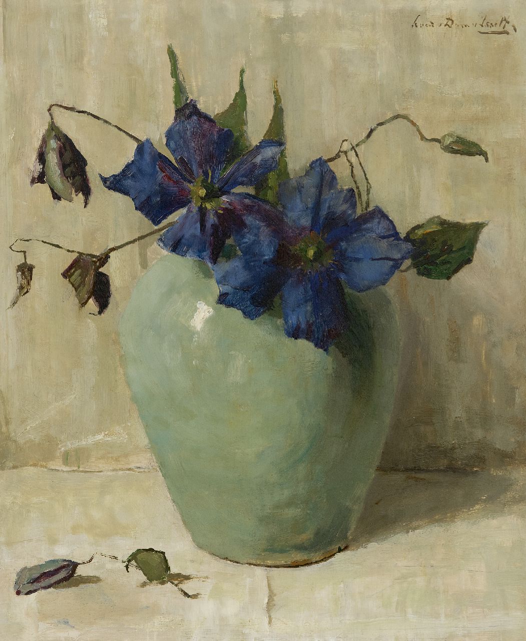 Dam van Isselt L. van | Lucie van Dam van Isselt, Paarse Clematis in celadongroene vaas, olieverf op paneel 47,1 x 38,4 cm, gesigneerd rechtsboven Dam van Isselt L. van | Lucie van Dam van Isselt, Paarse Clematis in celadongroene vaas, olieverf op paneel 47,1 x 38,4 cm, gesigneerd rechtsboven