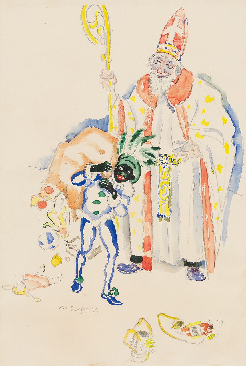 Sluijters J.C.B. | Johannes Carolus Bernardus 'Jan' Sluijters | Aquarellen en tekeningen te koop aangeboden | St. Nicolaasavond, 1946 met in de schoenen pruimtabak en Bols, aquarel op papier 47,5 x 32,2 cm, gesigneerd linksonder en te dateren 1946 Sluijters J.C.B. | Johannes Carolus Bernardus 'Jan' Sluijters | Aquarellen en tekeningen te koop aangeboden | St. Nicolaasavond, 1946 met in de schoenen pruimtabak en Bols, aquarel op papier 47,5 x 32,2 cm, gesigneerd linksonder en te dateren 1946