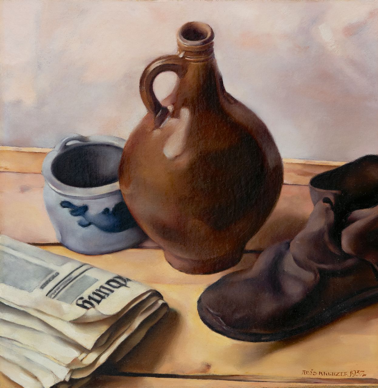 Kreuzer A.J.  | Aloys Johann Kreuzer | Schilderijen te koop aangeboden | Stilleven met kruik, krant en een schoen, olieverf op doek op board 49,6 x 45,8 cm, gesigneerd rechtsonder en gedateerd 1937