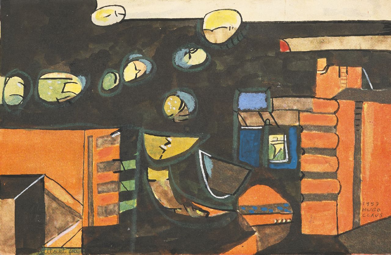 Hugo Claus | Untitled, inkt en waskrijt op fotomechanische print, 15,2 x 23,3 cm, gesigneerd r.o. en voorzien van blindstempel en gedateerd 1953