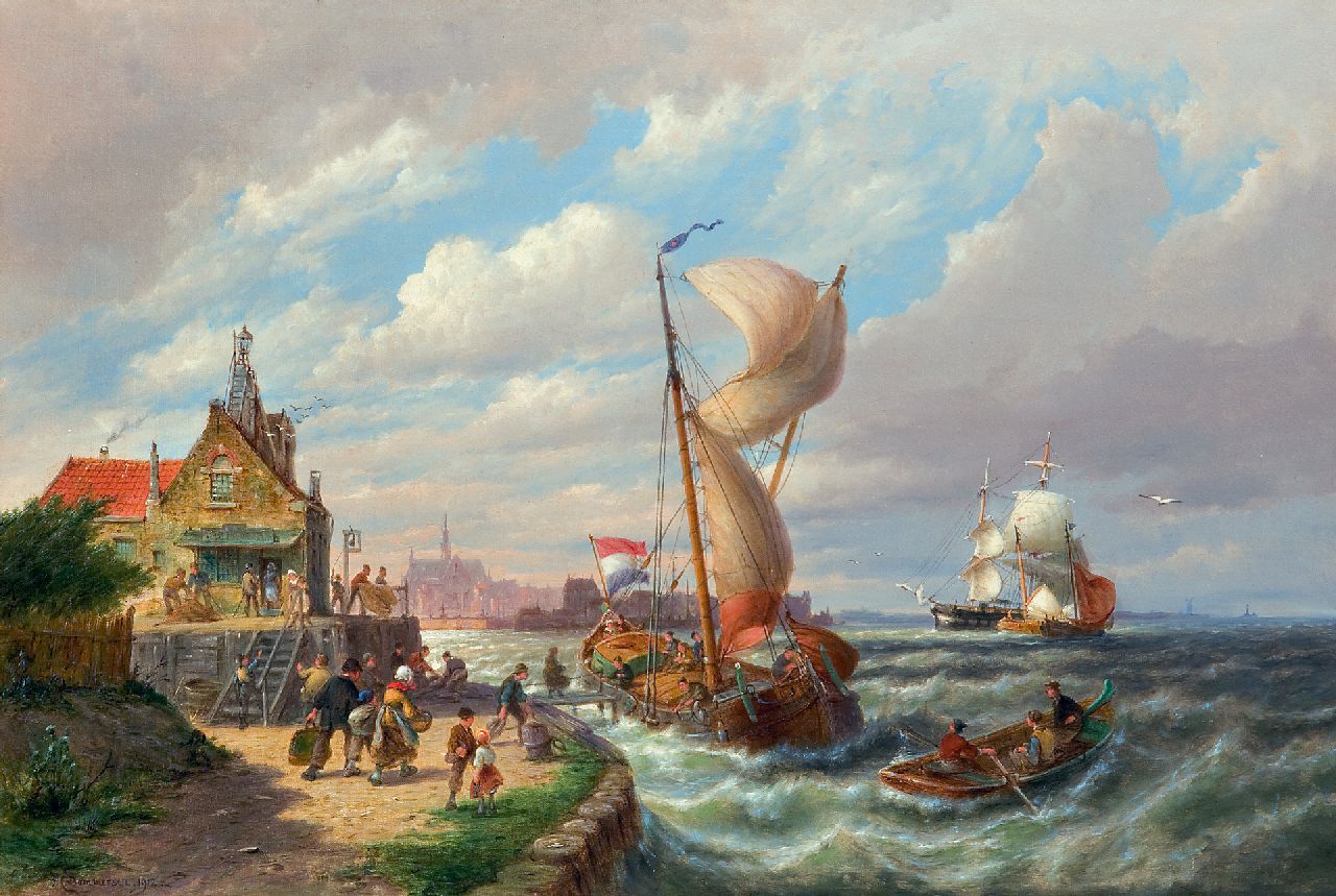 Dommershuijzen P.C. | Pieter Cornelis Dommershuijzen, Het vertrek van het veer, olieverf op doek 50,7 x 76,2 cm, gesigneerd linksonder en gedateerd 1912 Dommershuijzen P.C. | Pieter Cornelis Dommershuijzen, Het vertrek van het veer, olieverf op doek 50,7 x 76,2 cm, gesigneerd linksonder en gedateerd 1912