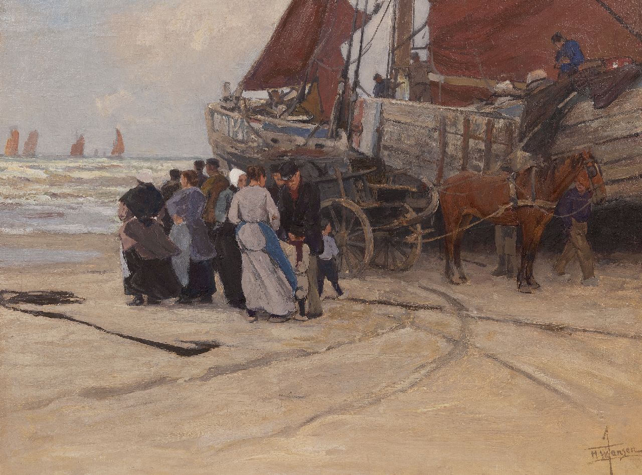 Jansen H.W.  | Hendrik Willebrord Jansen | Schilderijen te koop aangeboden | Het vertrek van de vissers, Katwijk, olieverf op doek 62,0 x 83,0 cm, gesigneerd rechtsonder