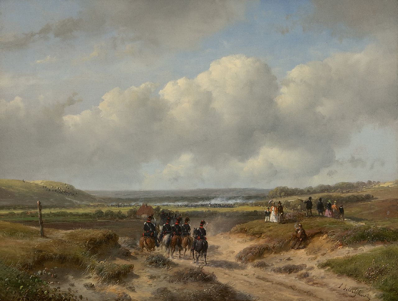 Schelfhout A. | Andreas Schelfhout | Schilderijen te koop aangeboden | Militaire manoeuvres: het Haagse garnizoen op de Waalsdorpervlakte; op de voorgrond cavaleristen van het 3e Regiment Ligte Dragonders, olieverf op paneel 22,1 x 29,2 cm, gesigneerd rechtsonder en te dateren ca. 1862 Schelfhout A. | Andreas Schelfhout | Schilderijen te koop aangeboden | Militaire manoeuvres: het Haagse garnizoen op de Waalsdorpervlakte; op de voorgrond cavaleristen van het 3e Regiment Ligte Dragonders, olieverf op paneel 22,1 x 29,2 cm, gesigneerd rechtsonder en te dateren ca. 1862