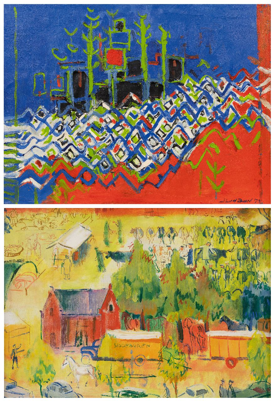 Baan J.L. van der | 'Jan' Lucas van der Baan | Schilderijen te koop aangeboden | Landschap Noorwegen; verso: Markt Siddeburen, olieverf op doek 60,2 x 79,9 cm, gesigneerd rechtsonder en gedateerd '73