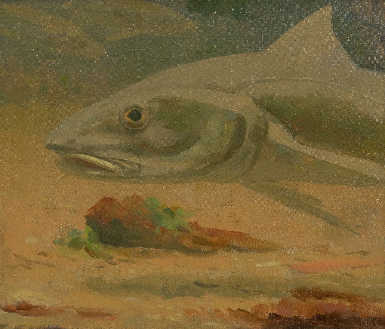 Dijsselhof G.W. | Gerrit Willem Dijsselhof | Schilderijen te koop aangeboden | Snoek, olieverf op doek 34,5 x 40,2 cm, gesigneerd rechtsonder met monogram en zonder lijst Dijsselhof G.W. | Gerrit Willem Dijsselhof | Schilderijen te koop aangeboden | Snoek, olieverf op doek 34,5 x 40,2 cm, gesigneerd rechtsonder met monogram en zonder lijst