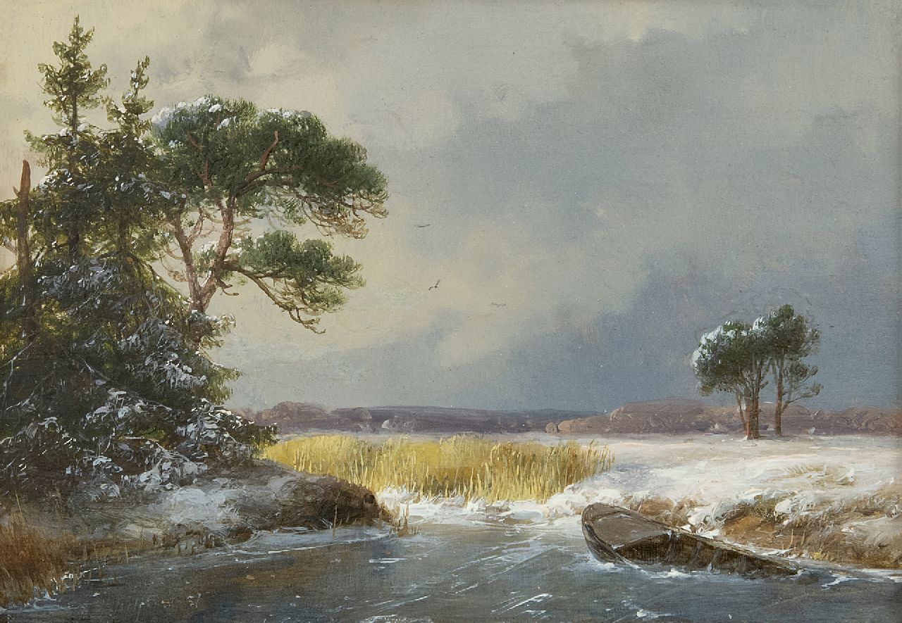 Schelfhout A. | Andreas Schelfhout, Besneeuwd winterlandschap, olieverf op paneel 13,7 x 19,5 cm, gesigneerd linksonder en gedateerd 1857 Schelfhout A. | Andreas Schelfhout, Besneeuwd winterlandschap, olieverf op paneel 13,7 x 19,5 cm, gesigneerd linksonder en gedateerd 1857