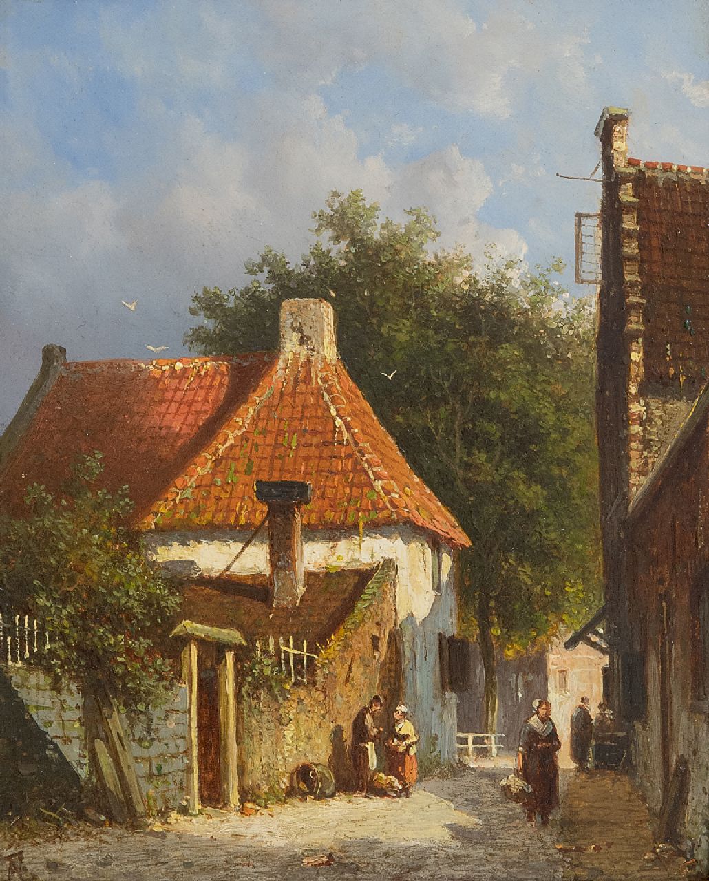 Eversen A. | Adrianus Eversen, Zonnig straatje in Amsterdam, olieverf op paneel 18,8 x 15,2 cm, gesigneerd linksonder met monogram Eversen A. | Adrianus Eversen, Zonnig straatje in Amsterdam, olieverf op paneel 18,8 x 15,2 cm, gesigneerd linksonder met monogram