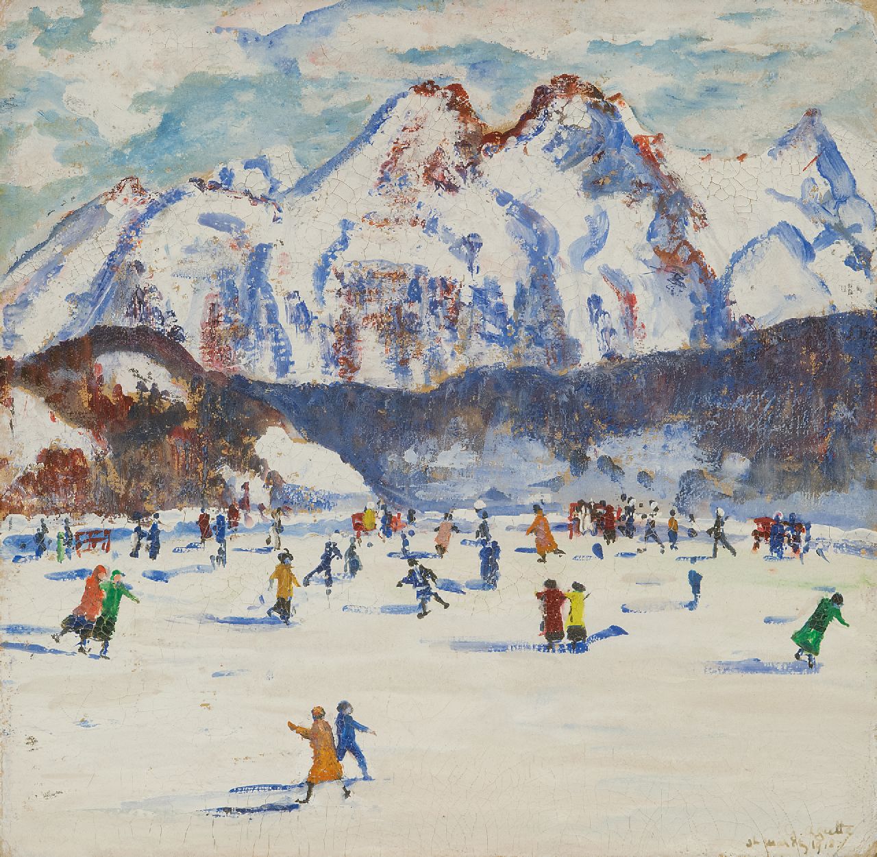 Agutte G. | Georgette Agutte, Schaatsen in St. Moritz, gouache op board 23,5 x 24,3 cm, gesigneerd rechtsonder en gedateerd 'St. Moritz 1918' Agutte G. | Georgette Agutte, Schaatsen in St. Moritz, gouache op board 23,5 x 24,3 cm, gesigneerd rechtsonder en gedateerd 'St. Moritz 1918'
