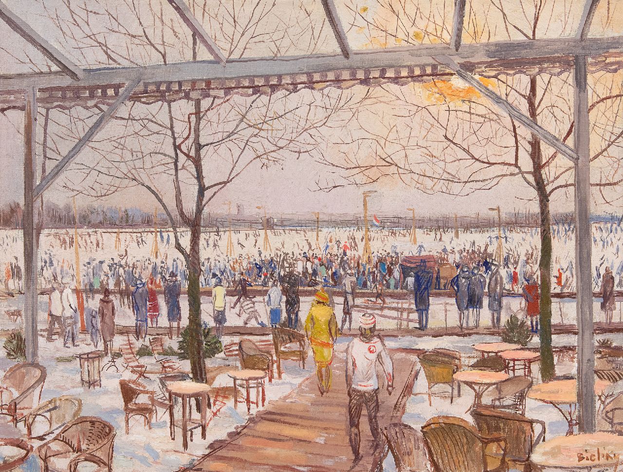 Bieling H.F.  | Hermann Friederich 'Herman' Bieling, Schaatspret op de Bergse Achterplas bij het Plaswijck Paviljoen, Rotterdam, olieverf op doek 43,5 x 56,6 cm, gesigneerd rechtsonder