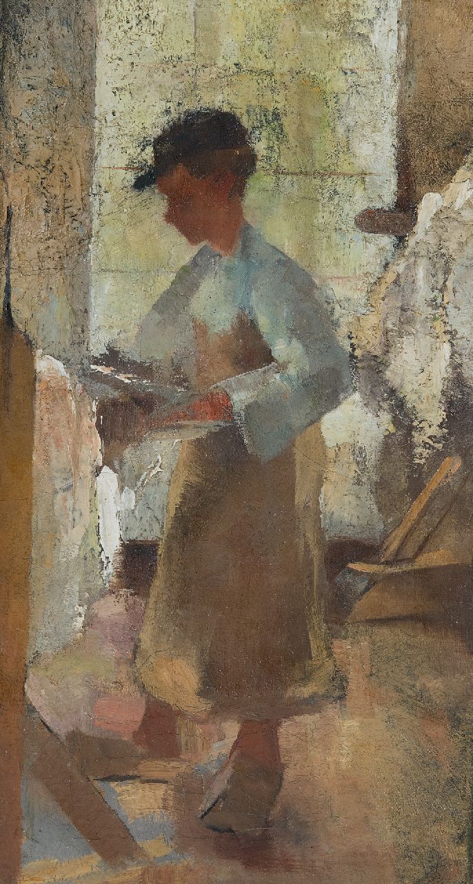 Rappard A.G.A. van | 'Anthon' Gerhard Alexander van Rappard, Jonge arbeider aan een spanbok, olieverf op doek 45,1 x 25,4 cm Rappard A.G.A. van | 'Anthon' Gerhard Alexander van Rappard, Jonge arbeider aan een spanbok, olieverf op doek 45,1 x 25,4 cm