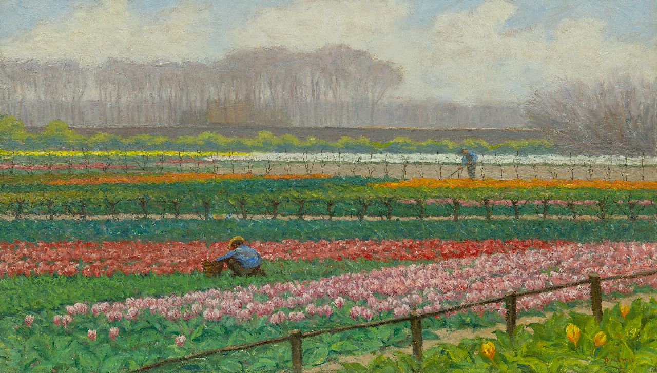 Bleckmann W.C.C. | Wilhelm Christiaan Constant Bleckmann, Bollenveld, olieverf op papier op doek op paneel 49,9 x 86,6 cm, gesigneerd rechtsonder Bleckmann W.C.C. | Wilhelm Christiaan Constant Bleckmann, Bollenveld, olieverf op papier op doek op paneel 49,9 x 86,6 cm, gesigneerd rechtsonder