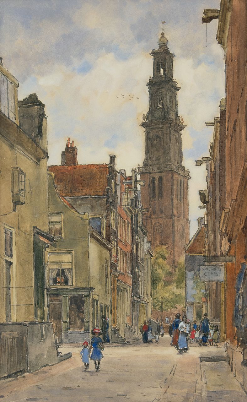 Bobeldijk F. | Felicien Bobeldijk | Aquarellen en tekeningen te koop aangeboden | Gezicht op de Westertoren Amsterdam vanuit de Jordaan, aquarel op papier 67,2 x 42,0 cm, gesigneerd rechtsonder Bobeldijk F. | Felicien Bobeldijk | Aquarellen en tekeningen te koop aangeboden | Gezicht op de Westertoren Amsterdam vanuit de Jordaan, aquarel op papier 67,2 x 42,0 cm, gesigneerd rechtsonder