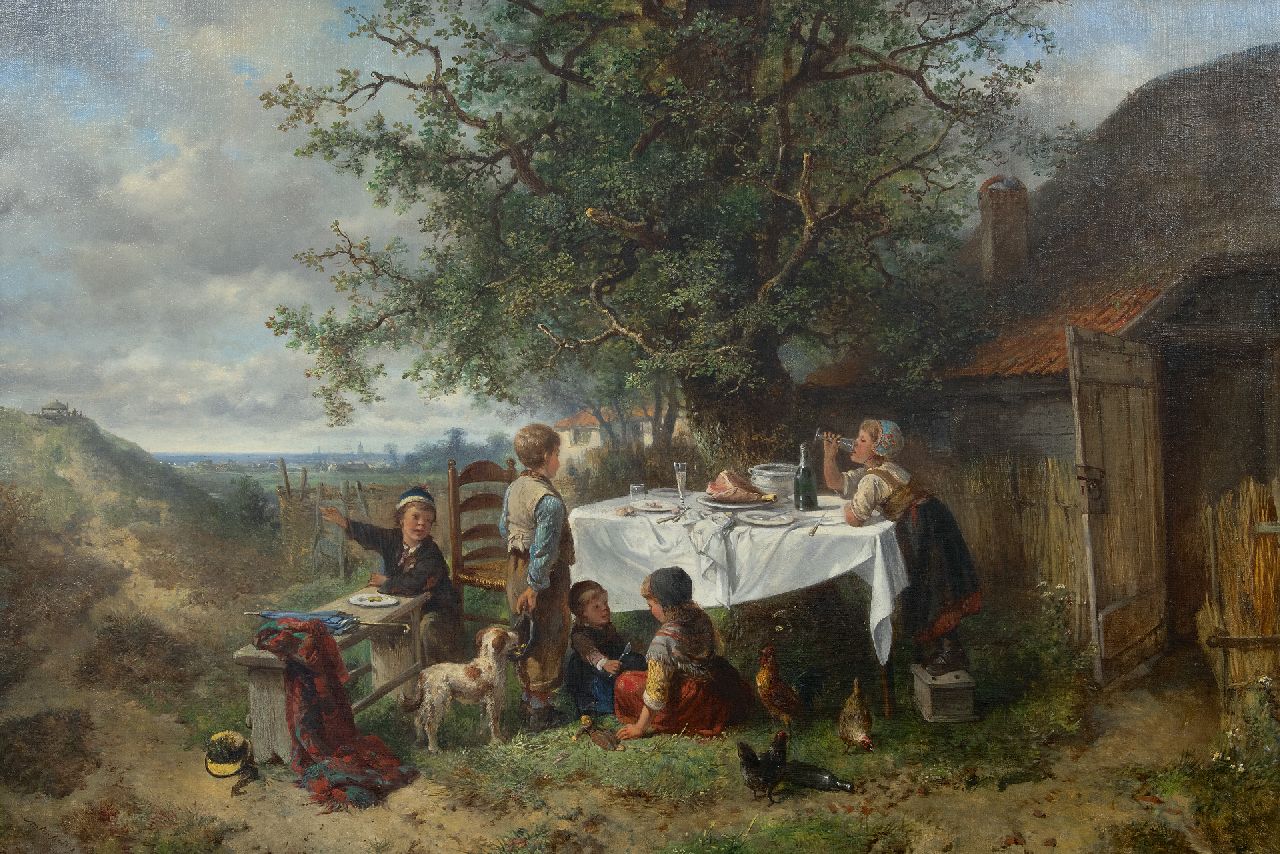 Kate J.M.H. ten | Johan 'Mari' Henri ten Kate | Schilderijen te koop aangeboden | Een onverwachte picknick, olieverf op doek 60,5 x 90,5 cm, gesigneerd linksonder Kate J.M.H. ten | Johan 'Mari' Henri ten Kate | Schilderijen te koop aangeboden | Een onverwachte picknick, olieverf op doek 60,5 x 90,5 cm, gesigneerd linksonder