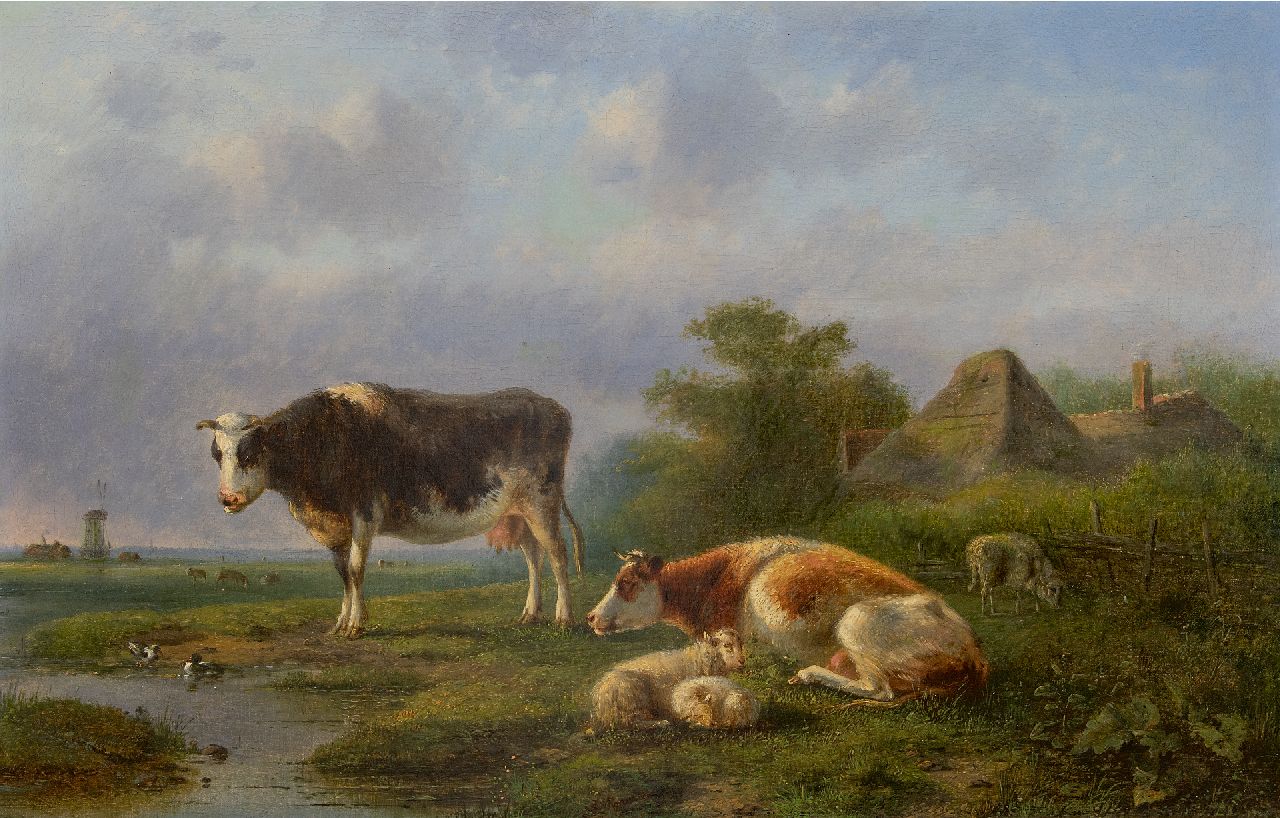 Ravenswaay J. van | Jan van Ravenswaay | Schilderijen te koop aangeboden | Hollands weidelandschap met rustend vee, olieverf op doek 63,0 x 98,0 cm, gesigneerd middenonder Ravenswaay J. van | Jan van Ravenswaay | Schilderijen te koop aangeboden | Hollands weidelandschap met rustend vee, olieverf op doek 63,0 x 98,0 cm, gesigneerd middenonder