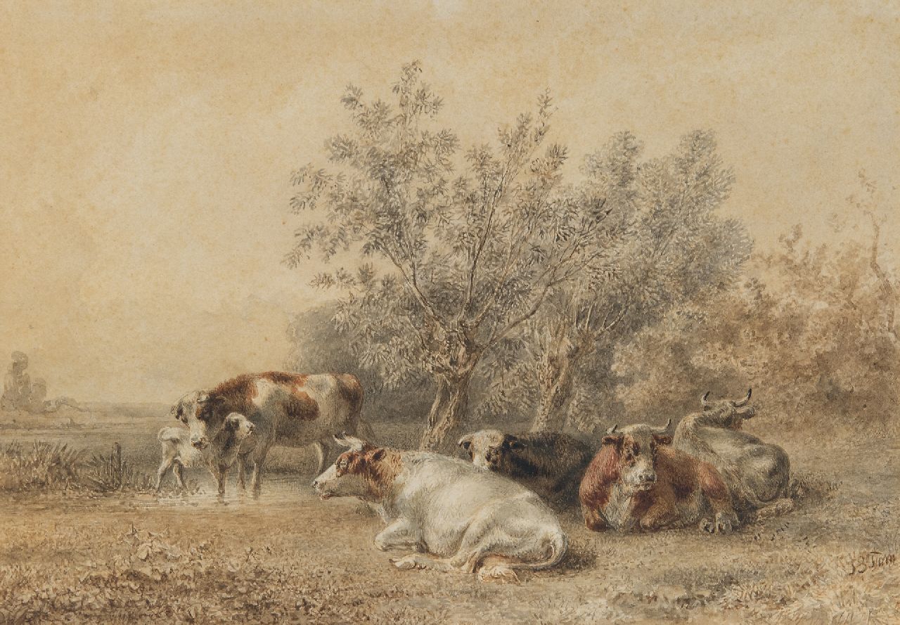 Jan Bedijs Tom | Koeien bij een wilgenbosje, inkt en aquarel op papier, 20,7 x 30,0 cm, gesigneerd r.o. Jan Bedijs Tom | Koeien bij een wilgenbosje, inkt en aquarel op papier, 20,7 x 30,0 cm, gesigneerd r.o.