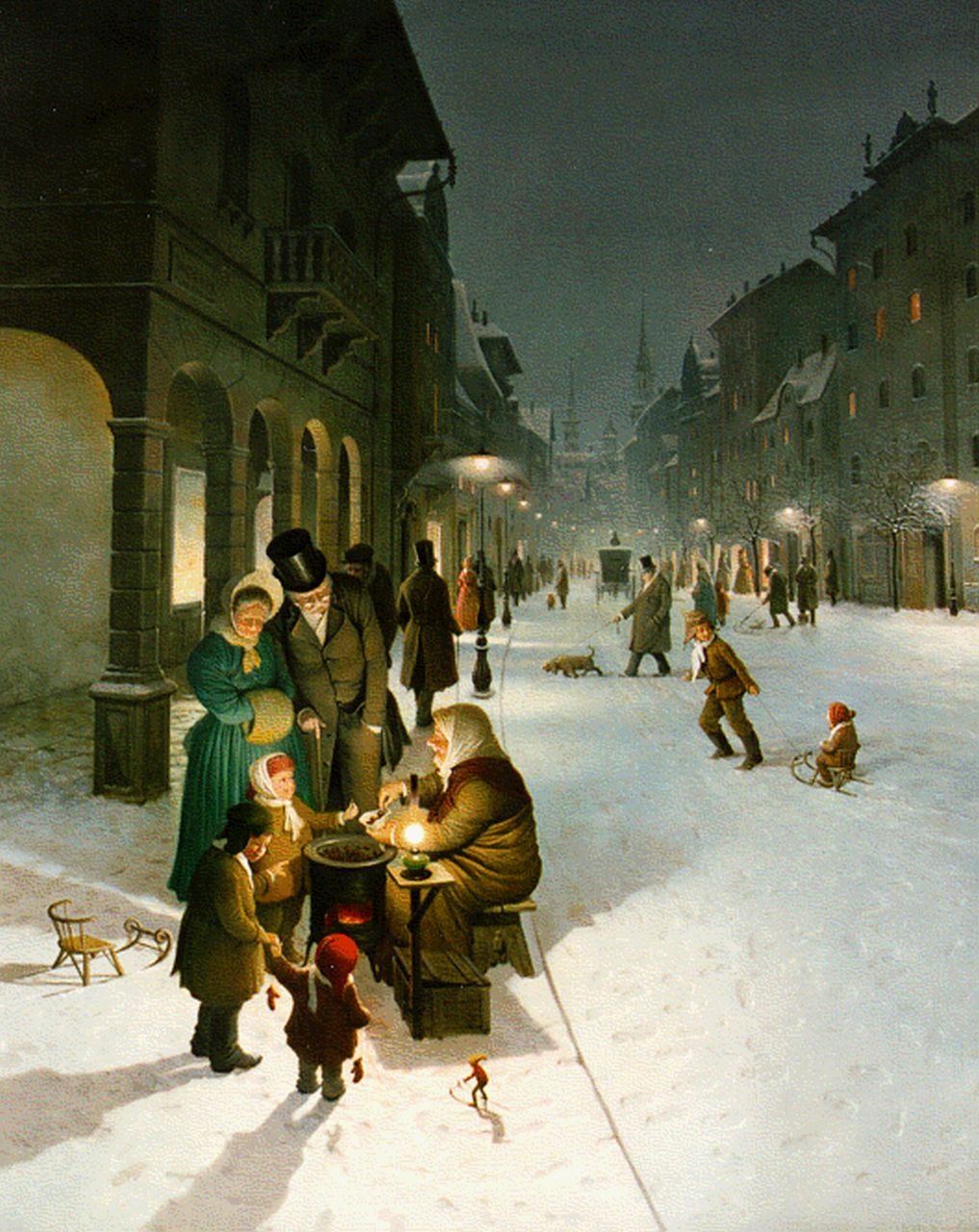 Gábor V. | Vida Gábor, Besneeuwde straat bij avond, olieverf op paneel 49,7 x 39,9 cm, gesigneerd rechtsonder Gábor V. | Vida Gábor, Besneeuwde straat bij avond, olieverf op paneel 49,7 x 39,9 cm, gesigneerd rechtsonder