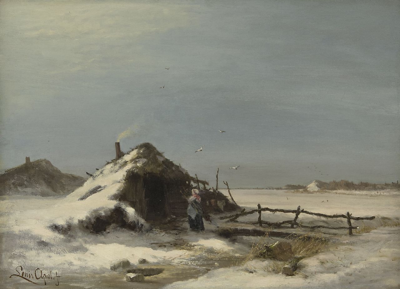 Apol L.F.H.  | Lodewijk Franciscus Hendrik 'Louis' Apol | Schilderijen te koop aangeboden | Winterlandschap met plaggenhut, olieverf op doek 47,2 x 64,2 cm, gesigneerd linksonder en te dateren ca. 1871-1873
