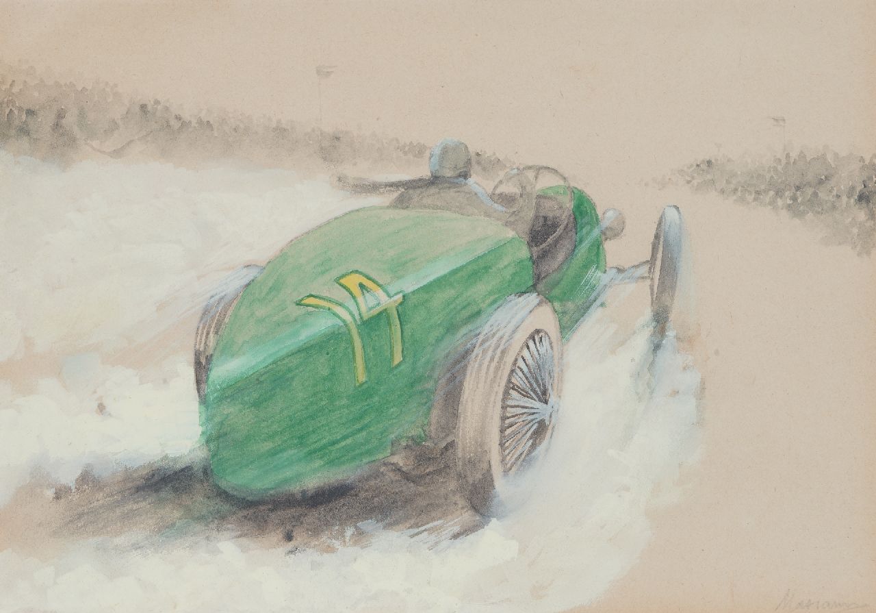 Onbekend   | Onbekend | Aquarellen en tekeningen te koop aangeboden | Raceauto nr. 14 in actie (set van 5, prijs per stuk), potlood, aquarel en gouache op papier 20,0 x 28,9 cm, gesigneerd rechtsonder