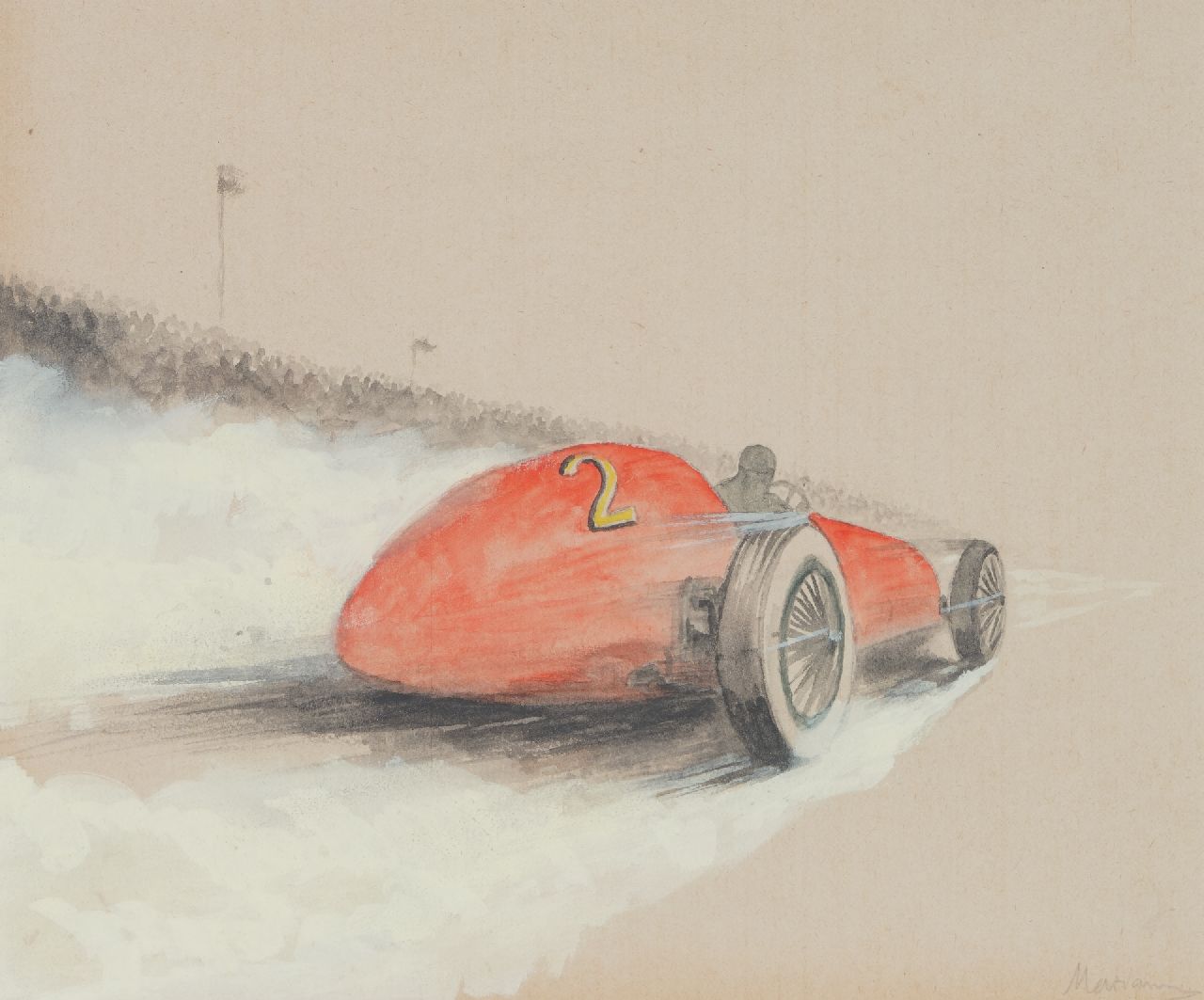 Onbekend   | Onbekend | Aquarellen en tekeningen te koop aangeboden | Raceauto nr. 2 in actie (set van 5, prijs per stuk), potlood, aquarel en gouache op papier 19,4 x 25,0 cm, gesigneerd rechtsonder