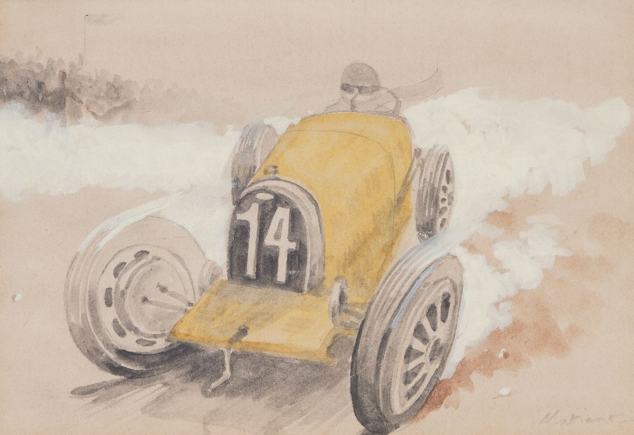 Onbekend   | Onbekend | Aquarellen en tekeningen te koop aangeboden | Raceauto nr. 14 in actie (set van 5, prijs per stuk), potlood, aquarel en gouache op papier 19,7 x 29,1 cm, gesigneerd rechtsonder